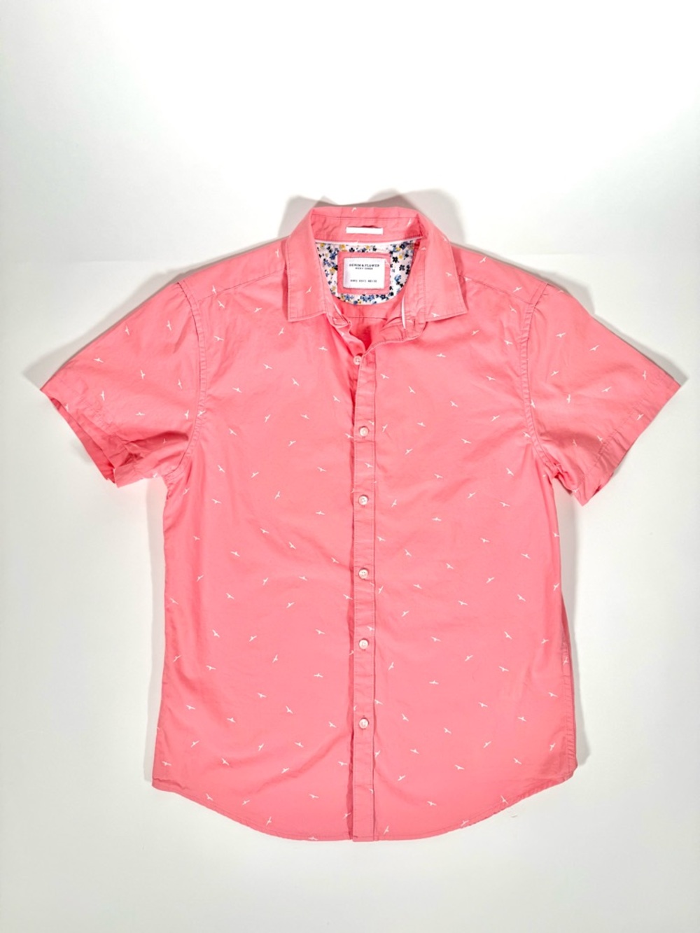 Denim & Flower Ricky Singh Pink Bird Slim Fit Short Sleeve Button Down Shirt S - Picture 4 of 12